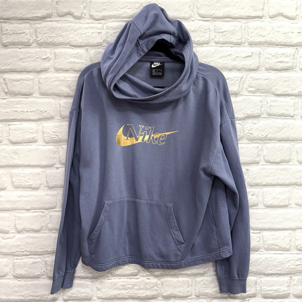 Nike Sportswear Gold Sparkle Funnel Logo Cowel Neck‎ Hoodie Womens Sz M Blue